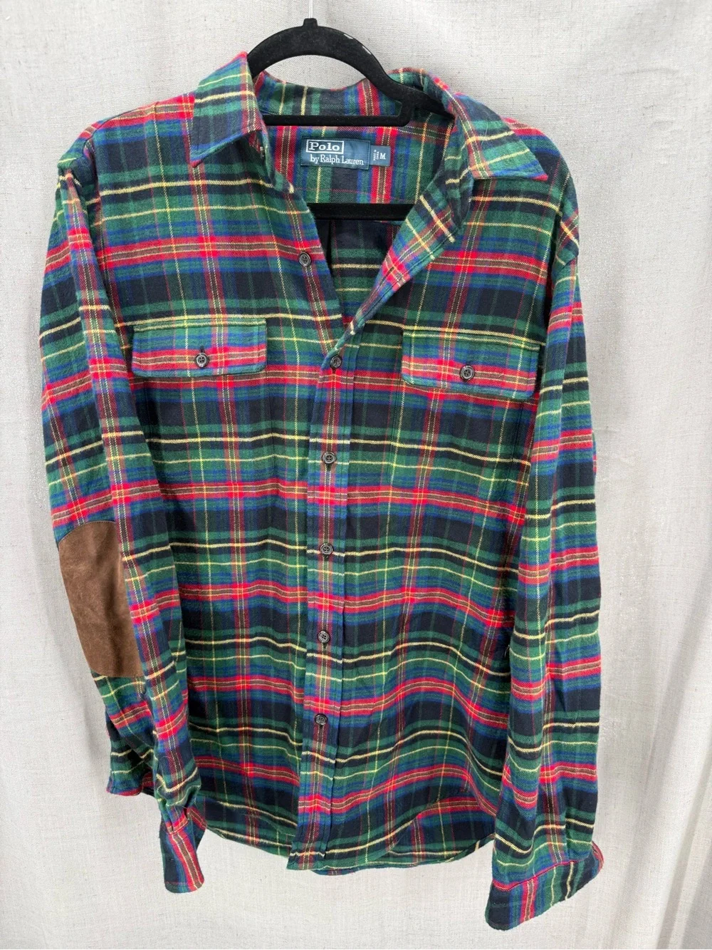 Polo Ralph Lauren Shirt Mens Medium Plaid Flannel Elbow Suede Patches Pockets